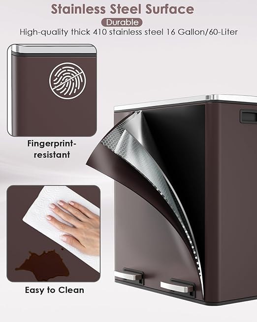 AthLike 60L(16 Gal) Dual Trash Can, Stainless Steel Kitchen Garbage Can, Double Compartment Classified Rubbish Bin, Recycle Dustbin w/Plastic Inner Buckets, Handle, Soft-Close Lid, Airtight, Brown-DeskLoop Office