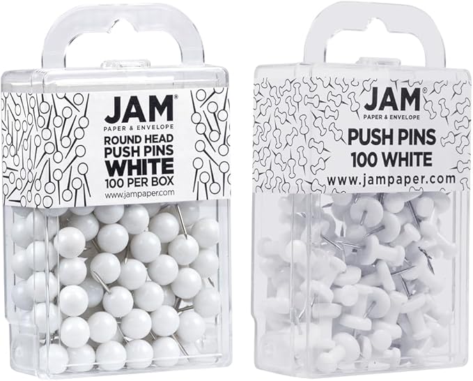 JAM PAPER Colorful Push Pins - Flat & Round Head Thumb Tack Combo Set - White Pushpins - 200/Pack-DeskLoop Office