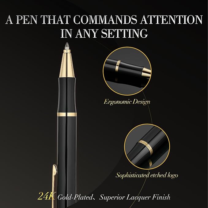 Black Gel Pen With 24K Gold Finish, Fine lacquer work, Best Men's And Women's Gift Pen Set, Professional, ADMOK Black Refill, Smooth Writing, Executive, Office, Click, Nice Retractable Pens-DeskLoop Office