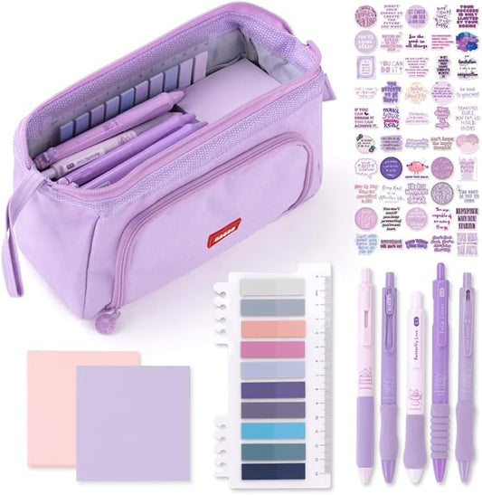 HVOMO Stationery Set,1 large-capacity pencil case,5 quick-drying pens,50 waterproof stickers,2 sticky note pads(200 sheets),1 set of 10-color index labels (200 sheets),Student stationery gift (Purple)-DeskLoop Office