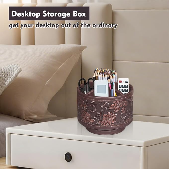 360° Rotating Pen Holder for Desk, Leather Pencil Pen Organizer Remote Control Holder Table Desktop Nightstand Organizer Caddy Storage, Office Desk Organizers And Accessories 5.5x5.5x4.0 Inch-DeskLoop Office