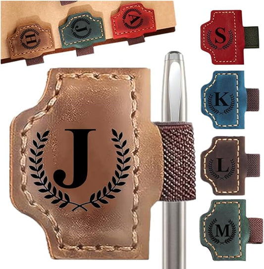 Custom Bookmark with Pen Holder 26 Letters Personalized Magnetic Leather Book Mark, Book Marker with Initials Pencil Clip for Sketch Pads for Men Women, Gifts for Book Lovers, Artists (Brown, J)-DeskLoop Office
