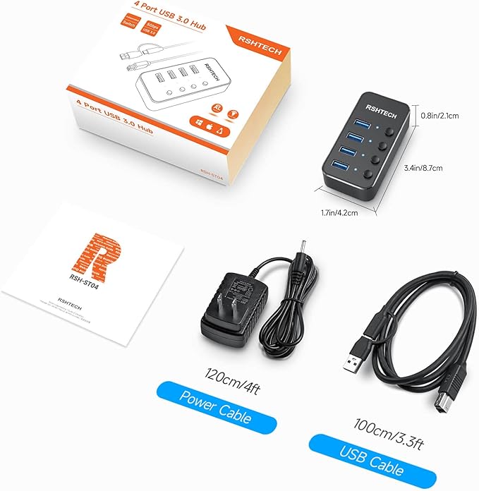 USB 3.0 Hub RSHTECH 4 Port Powered USB 3.0/USB C Hub Upgraded Version with 2-in-1 3.3ft USB Cable,5V Power Adapter and Individual Switches, Portable Aluminum USB Splitter for Laptop and PC, RSH-ST04-DeskLoop Office