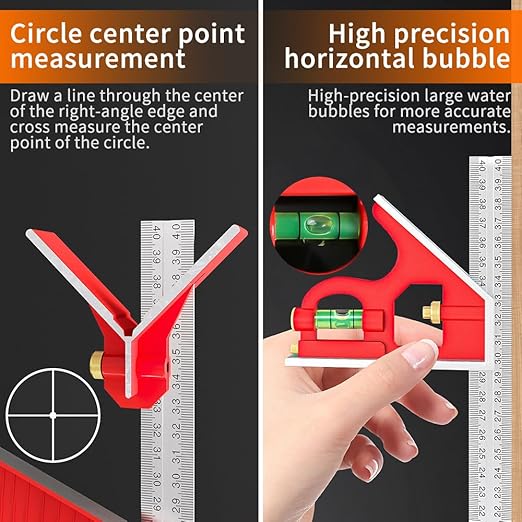 BAUSATZ Combination Square 400mm Carpenter Square Woodworking Square Ruler Protractor Angle Finder Combo Square Tool 180° Angle Ruler Carpenter Tool Combination Square Set with Bubble Level-DeskLoop Office