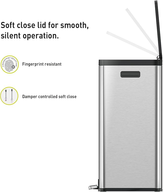 EKO Essential 8+8 Gallon Dual Trash Can, Kitchen Step Recycle Trash Can with Dual Removable Bucket, Independent Lids and Pedals, Brushed Stainless Steel-DeskLoop Office