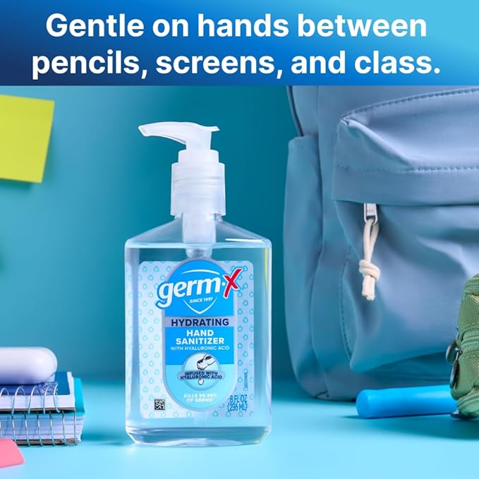 Germ-X Hand Sanitizer, Hydrating with Hyaluronic Acid, 8 Fl Oz Pump (Pack of 6) Instant & No Rinse Formula for All Skin Types, Back to School Supplies, Formulated without Parabens, Phthalates & Dyes-DeskLoop Office