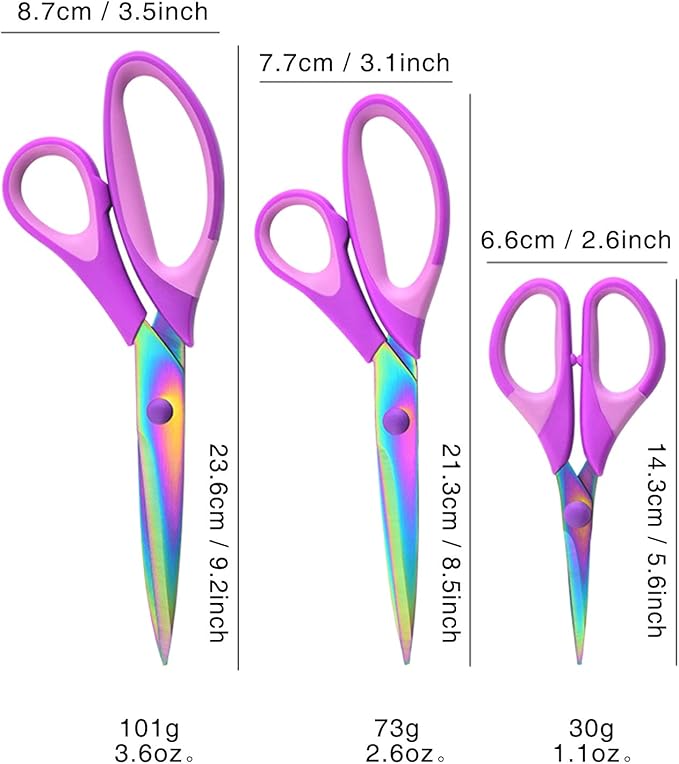 Craft Scissors Set of 3 Pack, All Purpose Sharp Titanium Blades Shears, Comfort Grip Handle, Multipurpose Fabric Scissors Tool Great for Adults, Office, Sewing, School and Home Supplies, Purple-DeskLoop Office