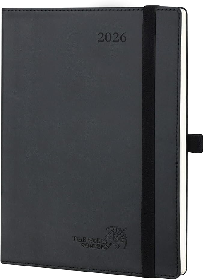 POPRUN 2026 Planner (Medium - 6.5'' x 8.5'') - 2026 Weekly Calendar ((Jan. 2026 - Dec. 2026) with Hourly Time Slots, Weekly/Monthly Appointment Book for Time Management - Leather Soft Cover - Black-DeskLoop Office
