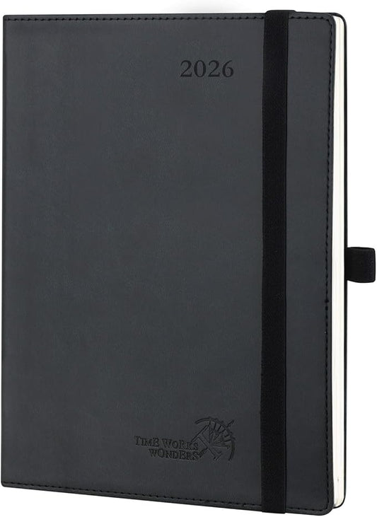 POPRUN 2026 Planner (Medium - 6.5'' x 8.5'') - 2026 Weekly Calendar ((Jan. 2026 - Dec. 2026) with Hourly Time Slots, Weekly/Monthly Appointment Book for Time Management - Leather Soft Cover - Black-DeskLoop Office