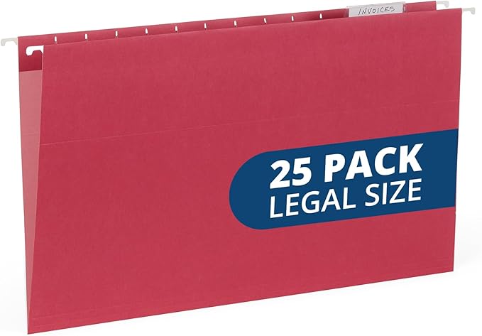 25 Blue Summit Supplies Legal Size Hanging File Folders - Red Hanging File Folders with Plastic Tabs and Inserts, Durable 11pt Paper, 25 Pack-DeskLoop Office