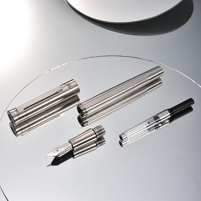 Hongdian T1 Titanium Fountain Pen, Iridium Fine Soft Nib Chinese Knot Carving with Converter and Metal Case Set-DeskLoop Office