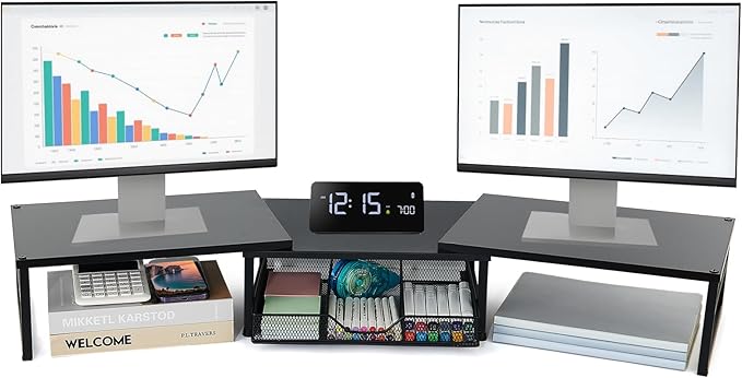Dual Monitor Stand Riser, Desk Organizer with Drawer, Office Desk Organizers and Accessories, Office Workspace Organization, Computer Monitor Stand for Laptop, Printer (Black)-DeskLoop Office
