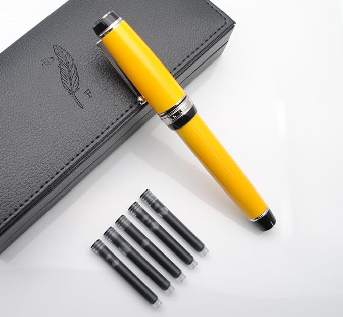 Metal Big Fountain Pen Set Medium Nib 0.7mm, Includes Ink Refill Converter, 5 Ink Cartridges & Gift Box (Medium Nib 0.7mm, Yellow with Silvery Clip)-DeskLoop Office