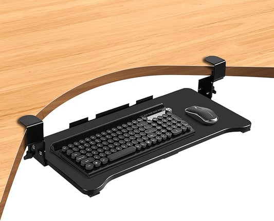 VUSIGN Keyboard Tray Under Desk Height Adjustable,Pull Out with Adjustable C Clamp Mount System for L-Shaped Tables, Extra Sturdy, 26.4” x 11.8” Slide-Out Platform Computer Drawer for Typing, Black-DeskLoop Office