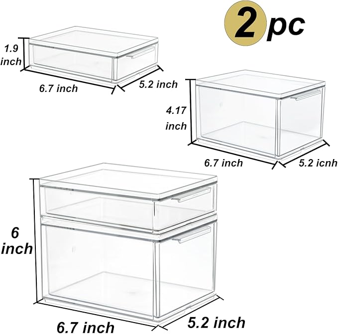 Set of 2 Stackable Storage Drawers - 6.7" Clear Plastic Drawer Storage, Acrylic Makeup Organizer, Desk Counter Cabinet Office Organizer, Bathroom Organizers and Storage (Modern/Set of 2)-DeskLoop Office