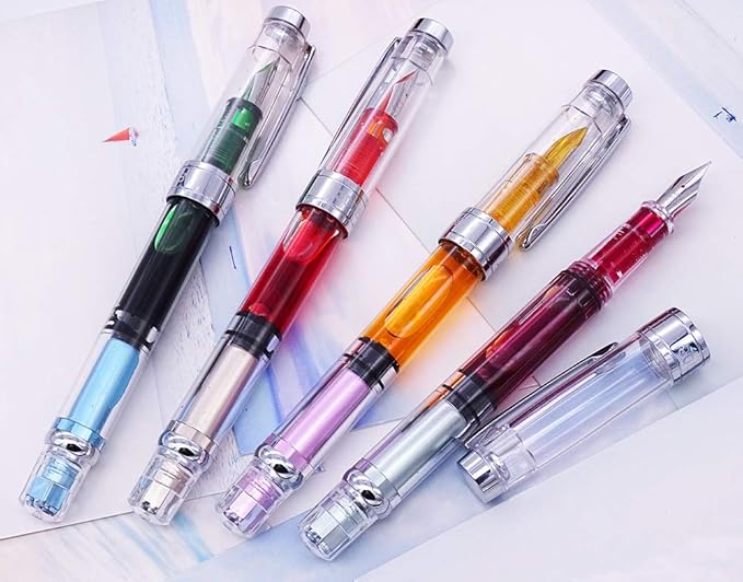 Lanxivi 4 x Yongsheng 3008 Fountain Pen Upgrated Fine Nib,Silver Trim,Piston Filling, Transparent-DeskLoop Office