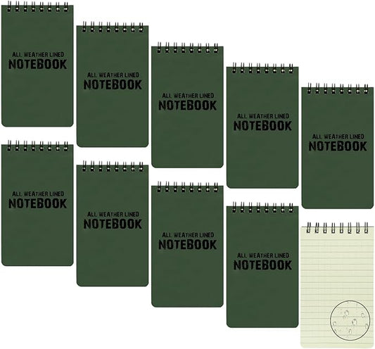10 Pack Waterproof Notebook, All-Weather Pocket Sized Tactical Notepad, Top Spiral Memo Grid Paper Notepad for Outdoor Activities Recording(Army Green, 3"x5")-DeskLoop Office
