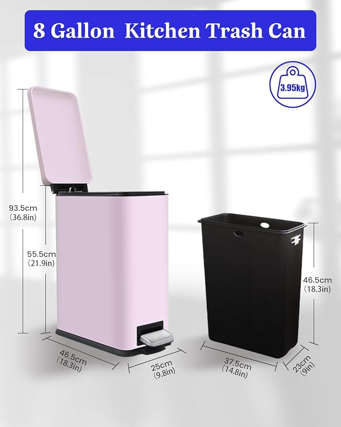 8 Gallon Step On Trash Can with Soft-Close Lid, Stainless Steel Garbage Can Fingerprint Resistant with Removal Inner Bucket, Modern Pink Trash Can for Home, Kitchen, Laundry Room, Office, Bathroom-DeskLoop Office