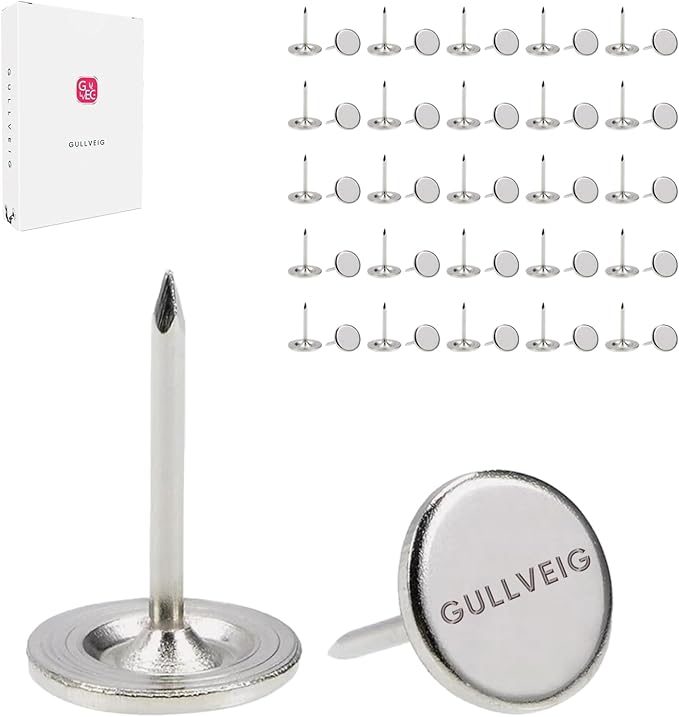 Gullveig Silver Push Pins and Thumb Tacks: Heavy Duty Flat Upholstery, Long Carpet Tacks, and Decorative Nails for Wood and Fabric, 50 Count-DeskLoop Office