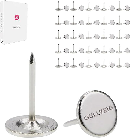Gullveig Silver Push Pins and Thumb Tacks: Heavy Duty Flat Upholstery, Long Carpet Tacks, and Decorative Nails for Wood and Fabric, 50 Count-DeskLoop Office