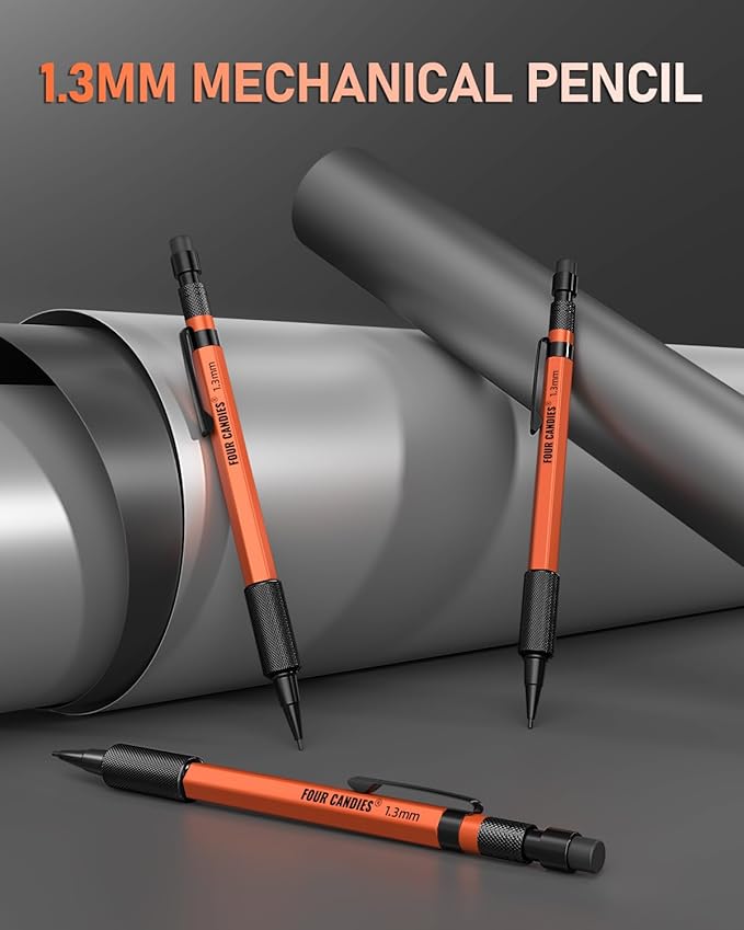 Four Candies 3PCS 1.3mm Mechanical Pencil Set with Case, Metal Heavy Duty Carpenter Pencils with 72 Refill(Red,Black,Yellow) 3Eraser, 16Eraser Refill, Weatherproof Body Outdoor Woodworking Marking-DeskLoop Office