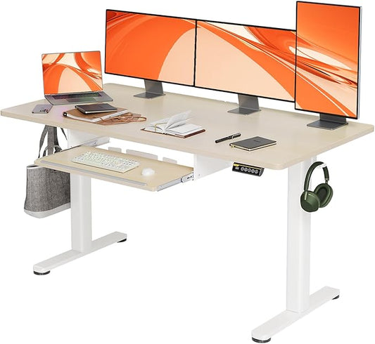 Claiks Standing Desk with Keyboard Tray, Electric Standing Desk Adjustable Height, 55x24 Inches Sit Stand up Desks with Splice Board, Raising Desks for Home Office, Natural-DeskLoop Office