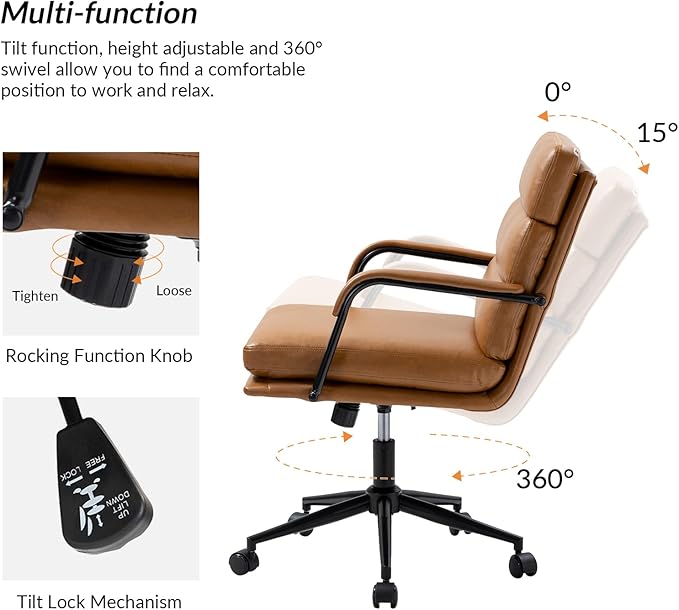 HULALA HOME Modern Faux Leather Home Office Chair with Tilt Lock & Metal Base, Desk Chair with Wheels & Padded Cushion, 360° Swivel Wide Seat Computer Task Chair, Camel-DeskLoop Office