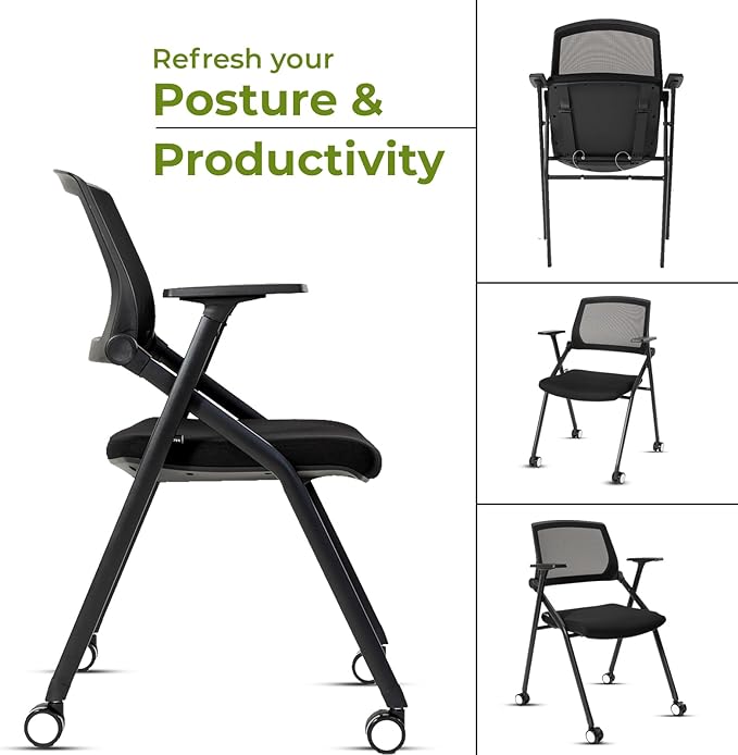 10 Pack Conference Room Chairs with Wheels and Sliding Armrest,Foldable Nesting Chair for Office School Church Waiting Room Black-DeskLoop Office