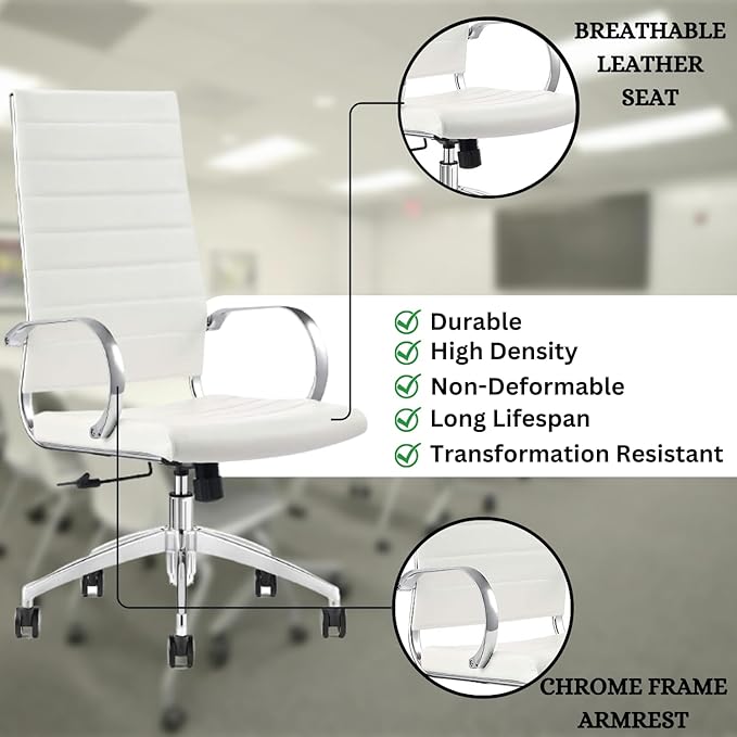 Ribbed High Back Conference Room Chairs - Lumbar Support, Modern Style Executive Home Office Chair - 360 Swivel Rolling Wheels - Aluminum Chrome Frame & Base- White Office Chair (Pack of 1)-DeskLoop Office