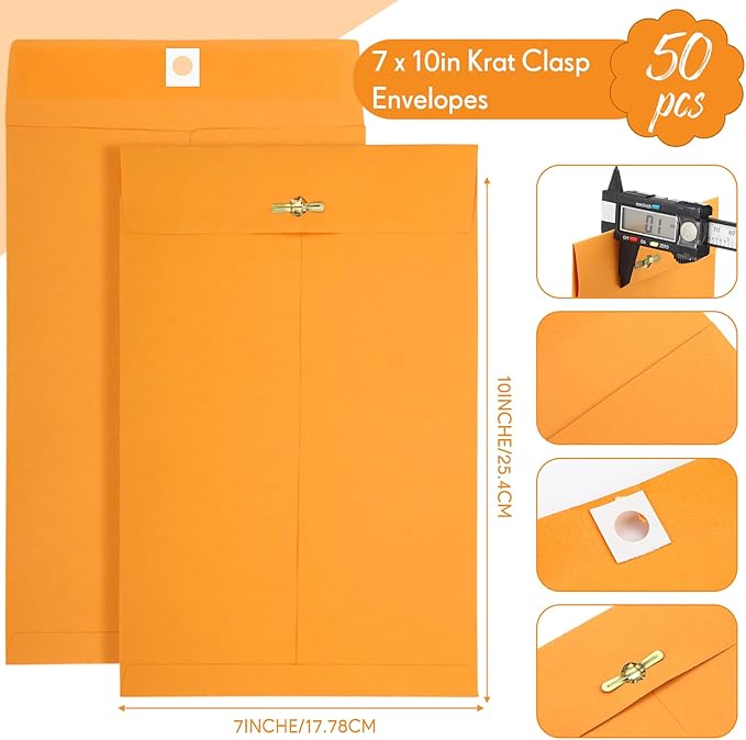 Teling 50 Pcs Manilla Envelopes Clasp Kraft Catalog with Closure for Storing Mailing 28 lb Kraft Envelope Paper for Office Document School Business Home(Yellow,7 * 10)-DeskLoop Office