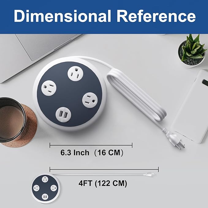 3 Multi Outlet Power Strip Surge Protector with 2 Quick USB Charging Ports, OviiTech Round Desktop Charging Station,UFO Shape, ETL Certified, Black and White-DeskLoop Office