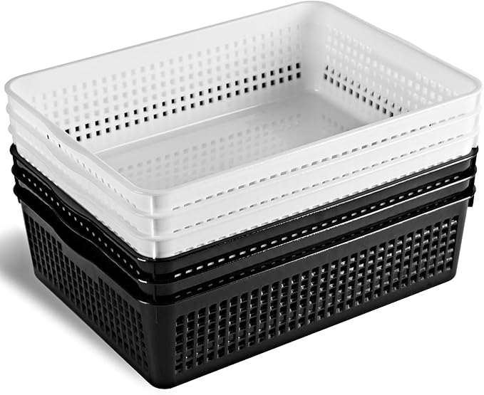 A4 Size Plastic Storage Basket,Desktop File Paper Letter Organizer Tray, 6-Packs (White+Black)-DeskLoop Office