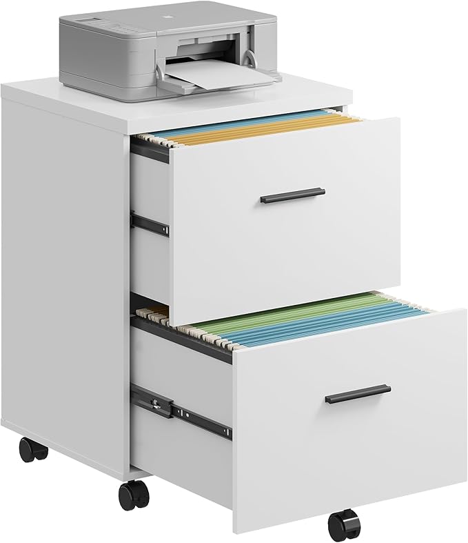 DEVAISE Wood File Cabinet, 2 Drawer Filing Cabinet for Home Office, Vertical File Cabinets with Wheels fits A4/Letter/Legal Size File, White-DeskLoop Office