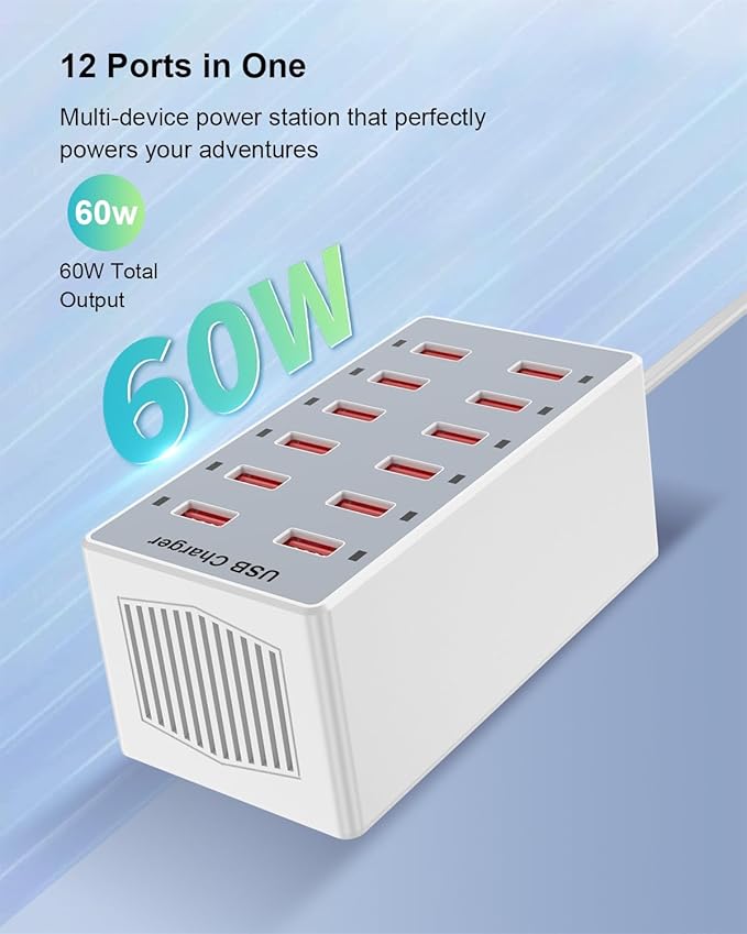 USB Charger 12-Ports Charging Station for Multiple Devices USB Wall Charger Power Hub Strip Smart Plug Charging Dock Block for iPhone Xs/XR,iPad,iPod,Galaxy S9/S8,Smart Phones 60W-DeskLoop Office