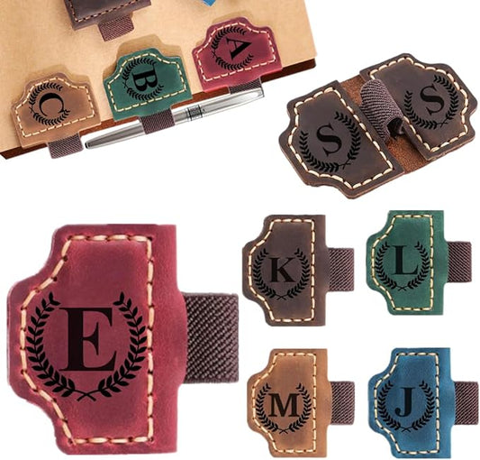 Custom Bookmark with Pen Holder with 26 Letters Personalized Magnetic Leather Book Mark, Customized Name Book Marker Clip with Initial for Men Women, Gifts for Book Lovers, Readers, (Red, E)-DeskLoop Office