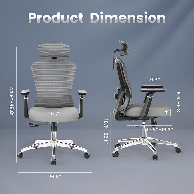 Farini Office Chair Ergonomic Desk Chair, High Back Computer Chair with Wheels, Home Sutdy Chair for Heavy People, Office Chair Adjustable Seat Depth, 3D Armrests and Adjustable Headrest, Gray-DeskLoop Office