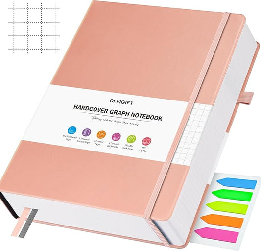 Graph Paper Notebook, 312 Numbered Pages Large A5 Hardcover Leather Journal, 100gsm No Bleed Grid Paper Notebook with Index Pages, Grid Notebook for Graphing Notes Math, 5.75" x 8.38", Pink-DeskLoop Office