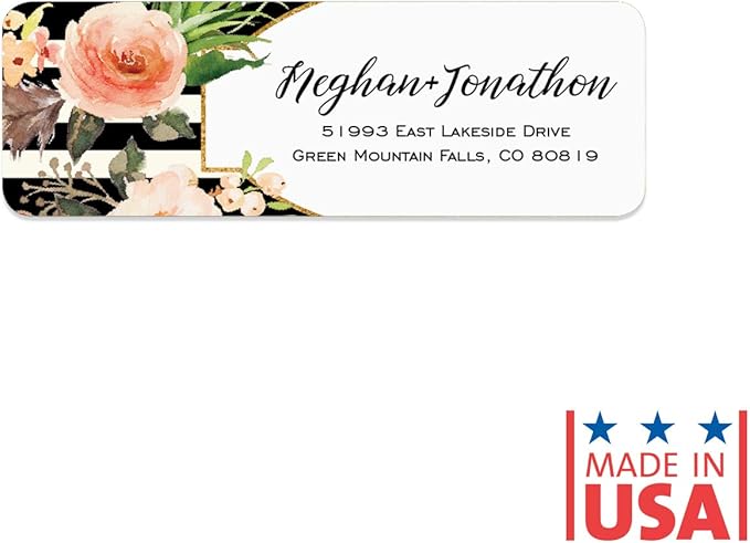 Black and White Stripe Floral Rolled Address Labels/Roll of 500 Personalized Return Address Labels/Designer Return Address Stickers in Elegant Plastic Dispenser-DeskLoop Office