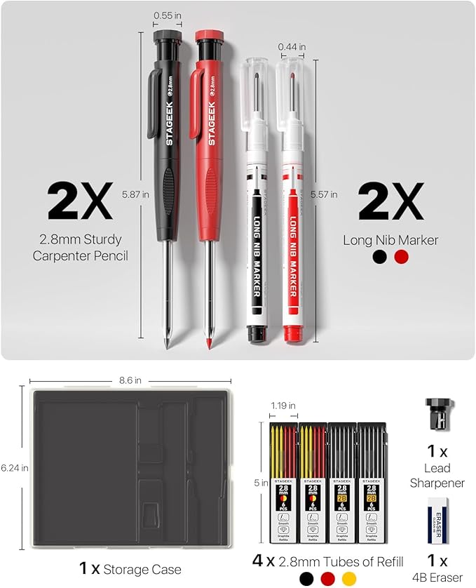 2PCS Carpenter Pencils with Sharpener, Heavy Duty Woodworking Tools, Mechanical Pencil Set with 26 Refills, Deep Hole Long Nib Marker Pens for Architect Marking with Case (Black, Red)-DeskLoop Office