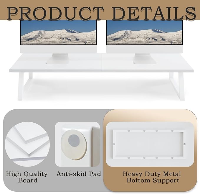 TEAMIX White Dual Monitor Riser - 31.5 inch Wide TV Stand for 2 Monitors - Wood & Steel Desktop Riser for Dual Screen Office Desk Organization-DeskLoop Office