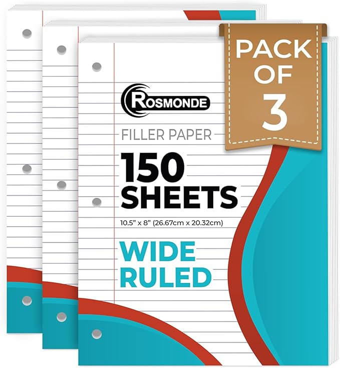Loose Leaf Paper, 450 Sheets, 3 Pack, 56 gsm Wide Ruled Sheets, 8" x 10.5", Bulk Notebook Paper, 3 Hole Punched, 150 Sheets/Pack, Wide Ruled Paper for Binders, Loose Leaf Office Paper, White-DeskLoop Office