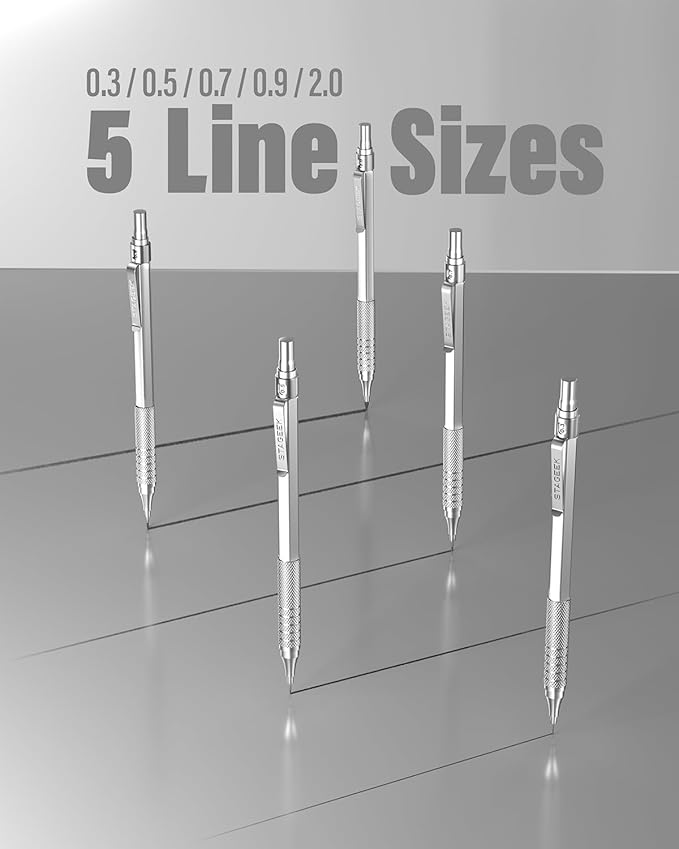 21PCS Metal Mechanical Pencil Set, Art Lead Pencil 0.3, 0.5, 0.7, 0.9, 2mm Holder(HB 2H 2B 4B Color) with 10 Tubes Graphite Lead Refills Eraser with Case for Drafting Drawing Sketching-DeskLoop Office