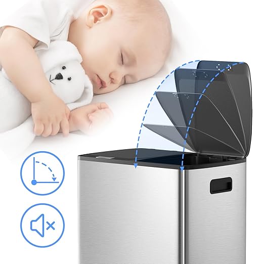 KUK 60 Liter / 16 Gallon Dual Trash Can with Lid, Stainless Steel Kitchen Step Garbage Can, 2 x 8 Gal Double Compartment Classified Rubbish Bin with 2 Plastic Inner Buckets Silver-DeskLoop Office