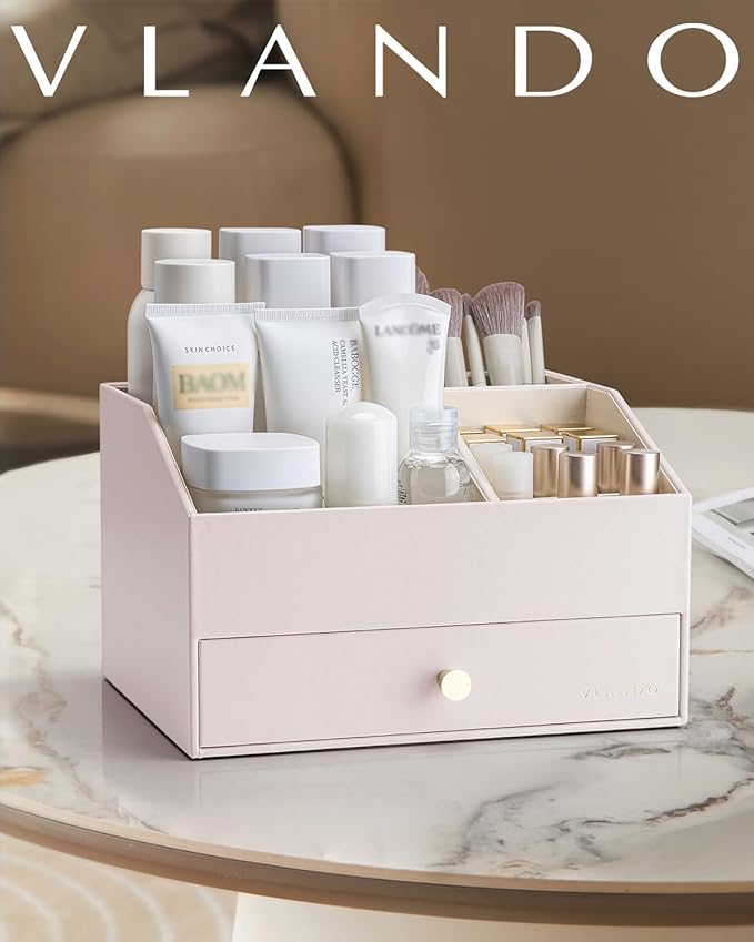 Vlando Makeup Organzier,Vanity Organizer with Drawers, PU Leather Skincare Organizer Perfume Organizer,Large Cosmetic Display Case for Lipstick,Brushes Gifts for Women-Apricot White-DeskLoop Office