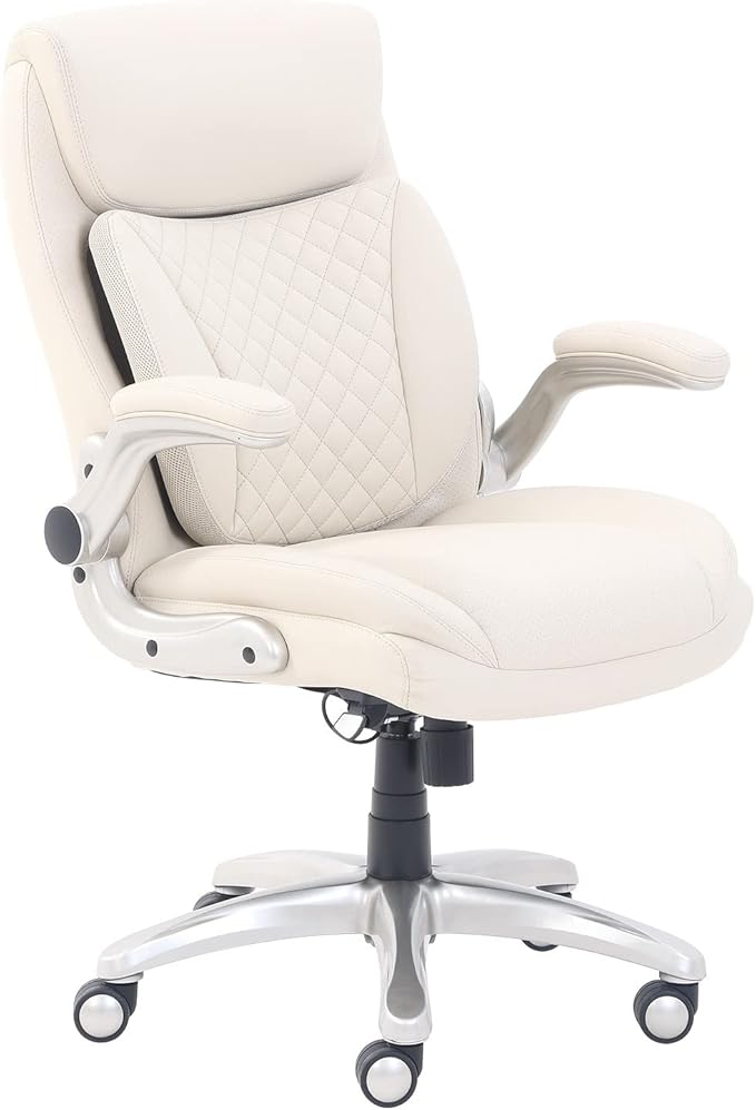 Amazon Basics Ergonomic Executive Office Desk Chair with Lumbar Support, Flip-up Armrests, Adjustable Height, Cream Leather-DeskLoop Office