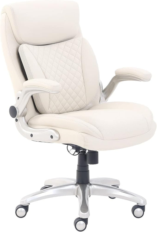 Amazon Basics Ergonomic Executive Office Desk Chair with Lumbar Support, Flip-up Armrests, Adjustable Height, Cream Leather-DeskLoop Office