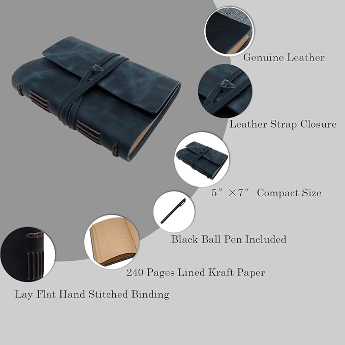 Blue Notebook Journal - Genuine Leather Journals for Writing Small Size Diary 5.5x7.5 Inch, Notepad For Man and Women, Gifts,Work,Travel Dark Blue-DeskLoop Office