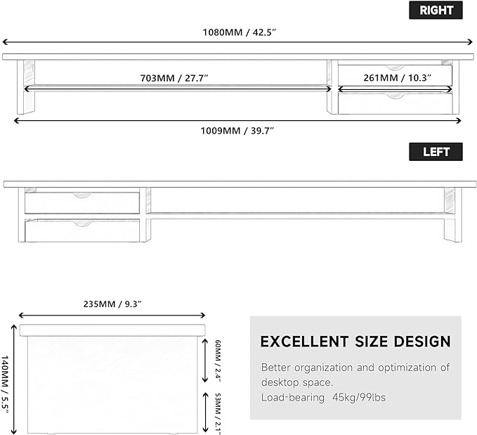 Fenge Monitor Stand, Dual Monitor Riser, 42.5inch Large Desk Computer Monitor Stand Riser with Drawer, 2 Tier Wood & Acrylic Desktop Organizer for Computer, Laptop, Printer, TV Screen Riser-DeskLoop Office