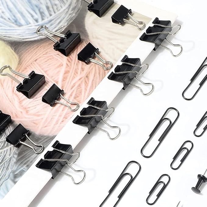 Paper Clips and Binder Clips Set, Metal Assorted Sized Binders with Push Pins, Black Office Supplies for Desk, Durable Desk Accessories-DeskLoop Office