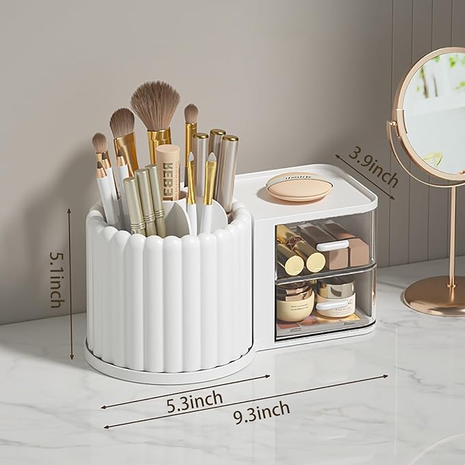 Anyoifax 360 Rotating Makeup Brush Holder 7 Slots Makeup Organizer with Drawer Removable Spinning Cosmetic Storage Pen Holder for Vanity, Dresser, Desk, White-DeskLoop Office